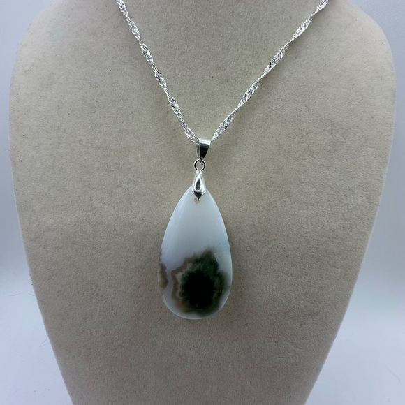 Natural Ocean Jasper Teardrop Pendant Necklace on Silver Chain - Picture 5 of 8